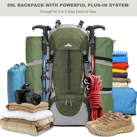 Waterproof 50L Hiking Backpack With Rain Cover Lightweight 45 Plus 5 Liter Daypack For Camping And Backpacking Durable Zippers