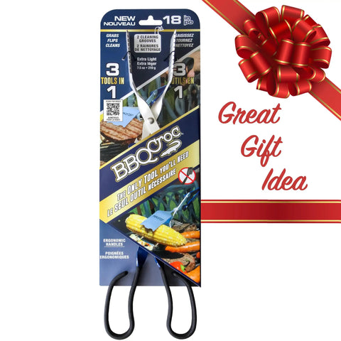18 Inch 3 In 1 Barbecue Tool With Long Tongs Spatula And Grill Scraper, Blue, in packaging with gift ribbon, great for grilling