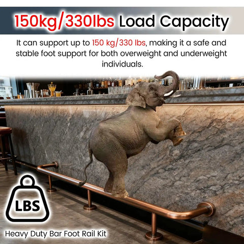 Top Shelf Gold Bar Foot Rail Kit Featuring Heavy Duty Wall Brackets Solid Tube And Secure End Caps Undercounter Pub Toe Kick with elephant, 150kg load capacity.