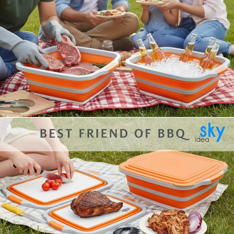 Collapsible BBQ Prep Tub With Lid XL 4.22 Gal Folding Cutting Board And Food Basin in outdoor picnic setting