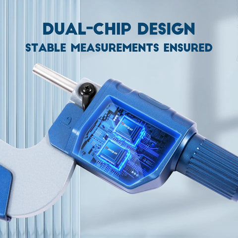 Close-up of Digital Outside Micrometer 2 To 3 Inch With Carbide Tip, Pro Grade Precision Measuring Tool, showing dual-chip display.