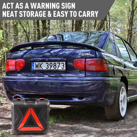 Portable All In One 5 Ton 12V Electric Car Jack Kit next to a parked car with storage case, warning sign feature visible
