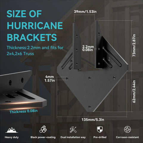 10 Pack Heavy Duty Black Hurricane Ties For Rafters 13 Gauge Steel 2.2mm Thick Fit 2x4 2x6 Roof Trusses dimensions diagram