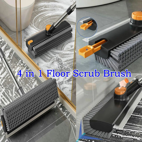 4-In-1 Floor Scrub Brush With Squeegee Long Handle 52 Inch Rotating Tile Brush For Grout Cleaning Bathroom Patio Pool Garage