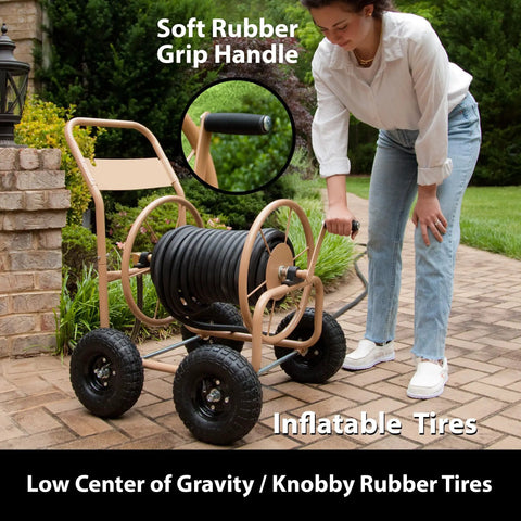 Beefy Four Wheel Hose Reel Cart With 300 Feet Of 0.625 Inch Hose, Steel Frame, Brass Fittings, Rugged Wheels, Built For Backyard Garden Or Lawn, Beige