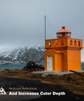 Orange lighthouse with mountain and sea background using Circular Polarizer Filter 82mm With Pro Grade CinemaSeries Glass Anti Reflective Coating.