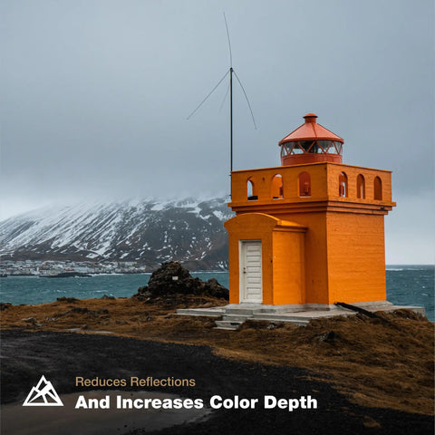 Orange lighthouse with mountain and sea background using Circular Polarizer Filter 82mm With Pro Grade CinemaSeries Glass Anti Reflective Coating.