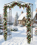 Metal Garden Arch Trellis For Climbing Plants decorated with festive garlands in snowy outdoor setting
