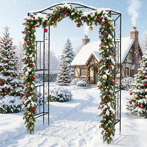 Metal Garden Arch Trellis For Climbing Plants decorated with festive garlands in snowy outdoor setting