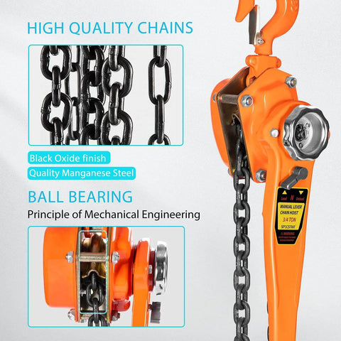Lever Chain Hoist 3/4 Ton 1650 Lbs Capacity 10 Feet With 2 Heavy Duty Hooks Durable Alloy Steel Construction close-up view