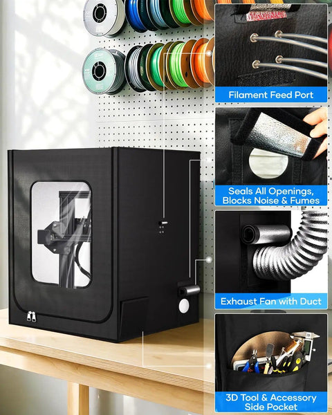 Heavy Duty 3D Printer Enclosure With Ventilation Kit And LED Light on desk, features filament feed port, exhaust fan, tool pocket