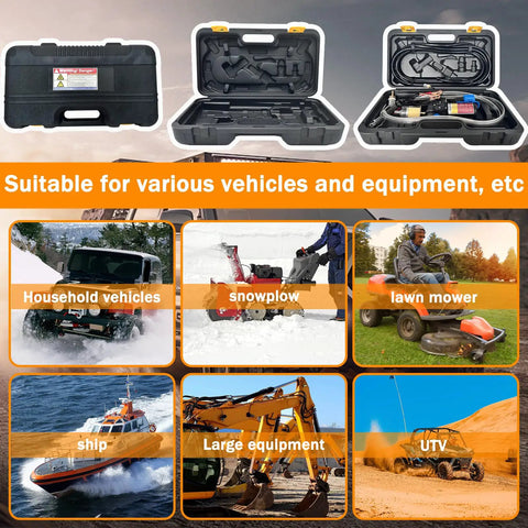Open and closed cases of 12V Fuel Transfer Pump Set For Gasoline And Diesel with images of compatible vehicles and equipment