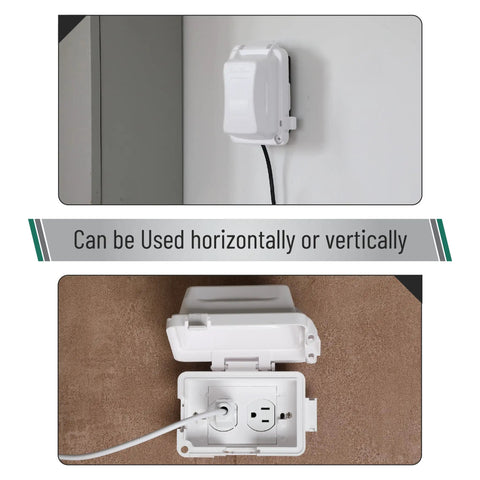 Outdoor Weatherproof 1 Gang Electrical Outlet Cover Plug In 120V AC Durable White Plastic, shown in vertical and horizontal positions.