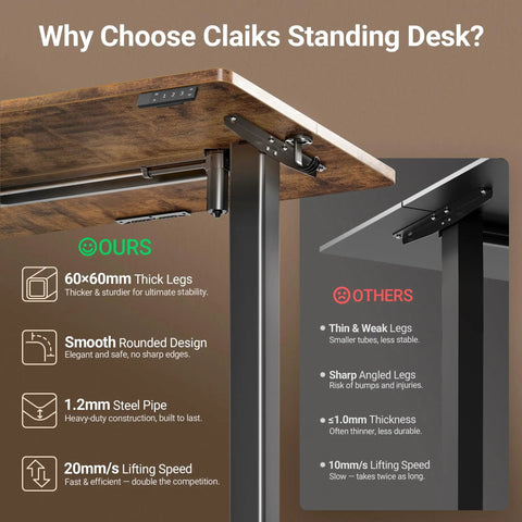 Comparison of electric adjustable standing desk frame and joints with rustic brown surface and black frame