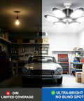 Comparison of dim light and Garage Light Bulb 150W LED With 6 Adjustable Panels E26 E27 Socket Ultra Bright 15000 Lumens installed in garage.