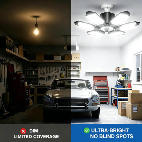 Comparison of dim light and Garage Light Bulb 150W LED With 6 Adjustable Panels E26 E27 Socket Ultra Bright 15000 Lumens installed in garage.