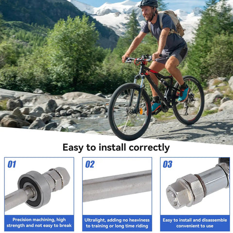 Cyclist riding a mountain bike showcasing the must have front and rear bicycle axle set with quick release levers and easy install.