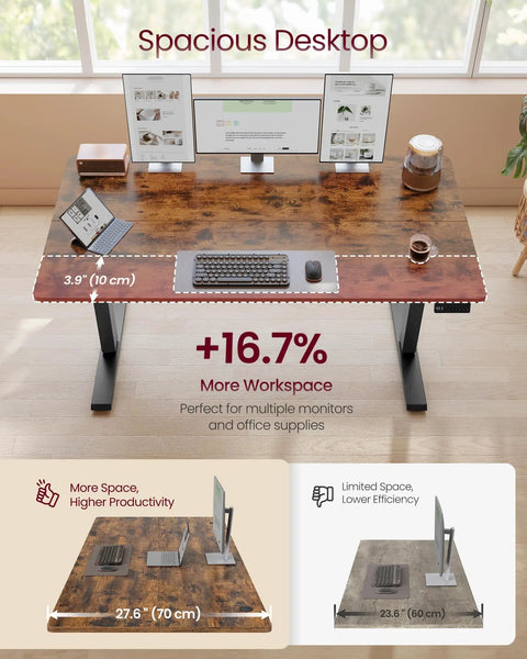 Electric Sit To Stand Desk With Height Adjustability, 55.1 By 27.6 Inches, Wooden top, spacious workspace, two monitors setup