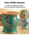 Retro Ceramic Drum Garden Stool Featuring Lively Floral Bird Details And Smart Shoe Compartment Great For Front Step Seating Or Living Room Hangouts A Totally Legit Home Staple That Drops Major Style Vibes with bamboo top and floral designs.