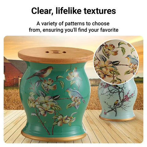 Retro Ceramic Drum Garden Stool Featuring Lively Floral Bird Details And Smart Shoe Compartment Great For Front Step Seating Or Living Room Hangouts A Totally Legit Home Staple That Drops Major Style Vibes with bamboo top and floral designs.