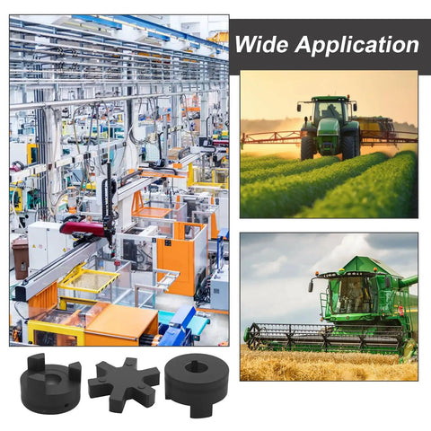 Rugged L Jaw Coupling Set Three Quarter Inch To Three Quarter Inch Flexible HT250 Steel Construction With Buna N NBR Rubber Spider For Log Splitters Hybrid Equipment Industrial Agricultural Use, shown with tractor and machinery applications