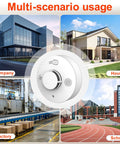 Battery Operated Home Fire Alarm With Test Button And Low Battery Alert 10 Year Photoelectric Sensor Core For Smoldering Fires In Furniture Reliable Household Safety Detector For Easy Install And Peace of Mind mounted on white smoke alarm