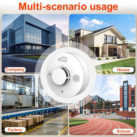 Battery Operated Home Fire Alarm With Test Button And Low Battery Alert 10 Year Photoelectric Sensor Core For Smoldering Fires In Furniture Reliable Household Safety Detector For Easy Install And Peace of Mind mounted on white smoke alarm