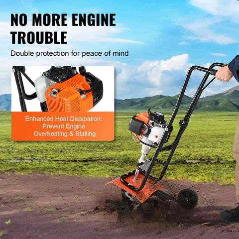 Backyard Ready 31cc 4 Stroke Tiller Cultivator with Four Steel Adjustable Front Tines being used in field soil