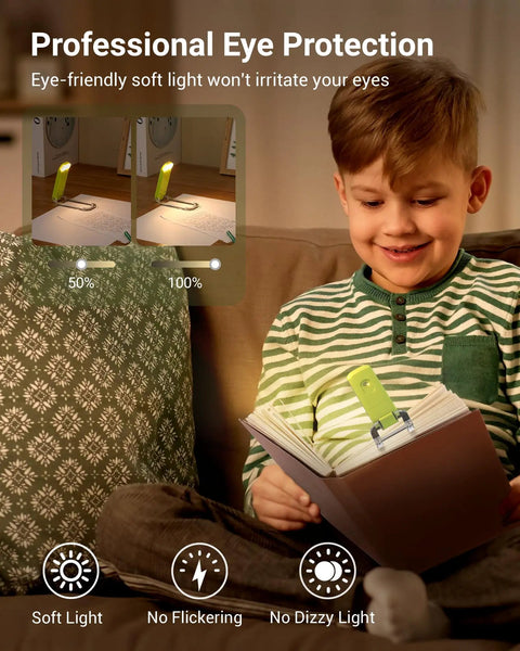Child using Go-To Clip On Book Light For Reading At Night With Amber And Warm White Glow Four Lighting Modes Eye Protection USB Powered