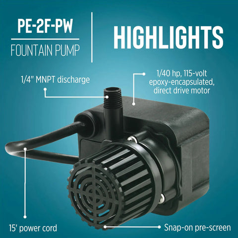 Powerful Workhorse Compact Submersible Fountain Pump For Small Ponds And Water Features, 115 Volt, One Fortieth HP, 300 GPH