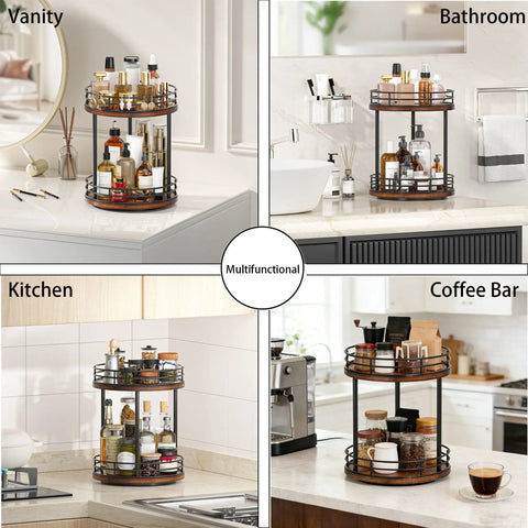 Two Tier Rotating Wooden Bathroom Countertop Organizer Featuring Smooth 360 Degree Spin And Dual Layer Storage For Skincare Perfume And Cosmetics Keeping Your Vanity Setup Super Chill And Clutter Free Always in multiple settings.