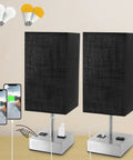 Two Pack 3 Way Dimmable Touch Table Lamps With USB Ports And AC Outlet, Night Light With Black Fabric Shade, Includes Four Bulbs
