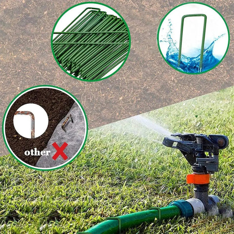 U Shaped Galvanized Steel Ground Pins Garden Stakes And Staples For Landscape Netting And Ground Sheets Heavy Duty Pegs 6 Inch 40 Pack Green Yard Workhorse shown with illustrations of use in garden setting.