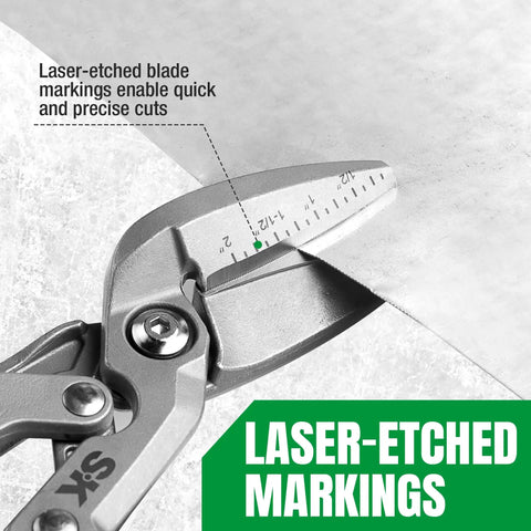 Close-up of Beefy 10 Inch Bent Compound Action Tin Snips With Drop Forged Blades cutting sheet metal showing laser-etched markings.