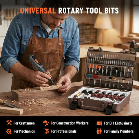 Man using DIY Ready 420 Piece Rotary Tool Accessories Kit For Dremel And Other One Eighth Inch Shank Tools With Cutting Sanding Polishing Carving Grinding Engraving Drilling Sharpening Cleaning And Grout Removal in workshop