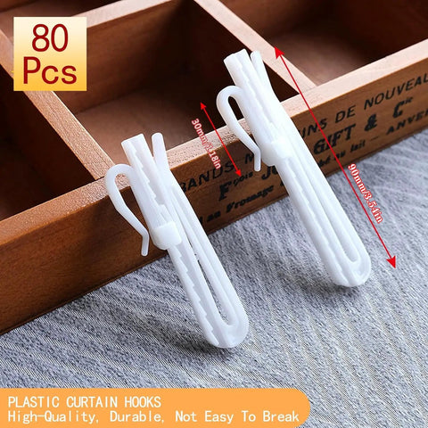 80 Pack Plastic Curtain Hooks With Adjustable Pinch Pleat Ratchet System for window door and shower curtains, 90mm length shown