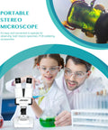 Grab And Go Portable Stereo Microscope With 20X And 50X Magnification, LED Light, WF Eyepieces, And 65 To 102 Mm Working Distance, Great For Insect Specimens And Mineral Studies, Includes 10 Slides And 12 Mineral Specimens, shown with students