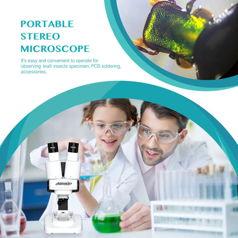 Grab And Go Portable Stereo Microscope With 20X And 50X Magnification, LED Light, WF Eyepieces, And 65 To 102 Mm Working Distance, Great For Insect Specimens And Mineral Studies, Includes 10 Slides And 12 Mineral Specimens, shown with students