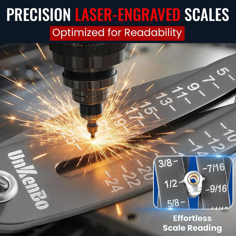 Close-up of Gen2 Bolt Size Finder Tool Keychain with laser-engraved scales showing SAE and metric sizes for measuring nuts and bolts.