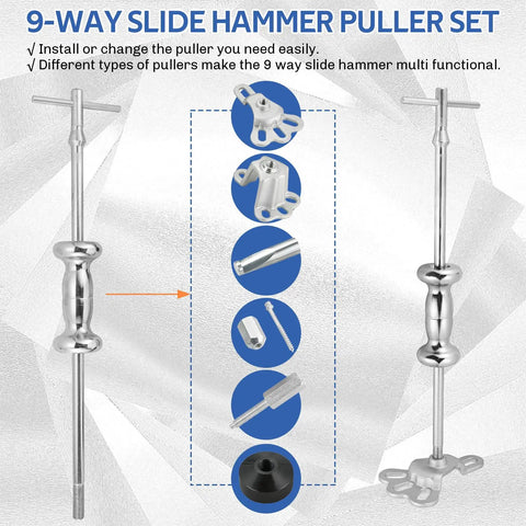 19 Piece Slide Hammer Puller Set With 9 Way Internal And External Pullers for Wheel Hub Dent Removal and Hub Gear Puller Remover Kit