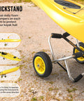Go-To Universal Kayak Carrier Trolley with anodized aluminum frame, solid airless tires, and foam bumpers for kayak hull protection.