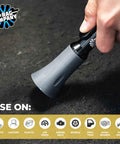 Person using Ultra Air Blaster Mini Car Detailing Tool on carpet for cleaning hard-to-reach spots.