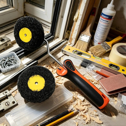 Easy Peasy Corner Painting Roller Designed For Crisp Lines Inside And Outside Corners, black and yellow roller with ergonomic handle.