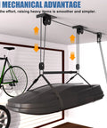 Overhead Garage Ceiling Hoist System For Kayaks, Canoes, Bikes And Ladders, Heavy Duty Pulley Lift installed in garage