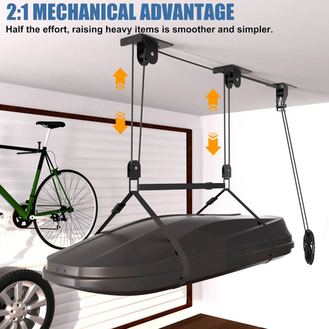 Overhead Garage Ceiling Hoist System For Kayaks, Canoes, Bikes And Ladders, Heavy Duty Pulley Lift installed in garage