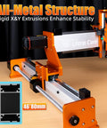 XE-Ultra Core Desktop CNC Router System close-up of 46x80mm aluminum structure, highlighting sturdy frame and ball screw mechanism.