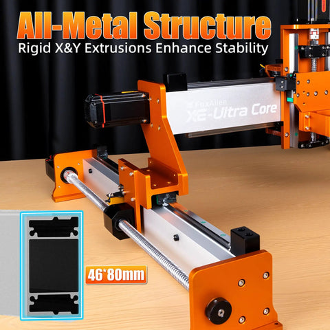 XE-Ultra Core Desktop CNC Router System close-up of 46x80mm aluminum structure, highlighting sturdy frame and ball screw mechanism.