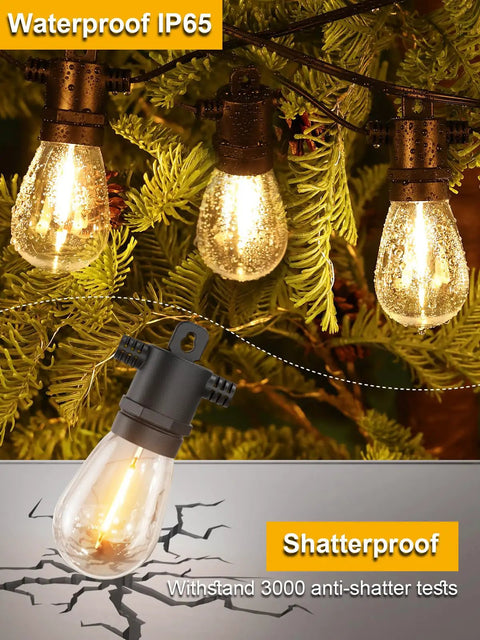 Outdoor String Lights 200 Ft Two 100 Ft Runs Waterproof IP65 LED Bulbs Shatterproof Easy Setup hanging among trees