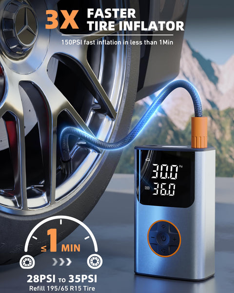 Portable Tire Inflator Air Compressor inflating car tire, LCD screen showing 30.0 PSI, 3x faster inflation, digital pressure gauge.