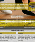 Top Tier Floor Underlayment With Integrated Moisture Shield Two Hundred Square Foot Roll Three Millimeter Thick Heavy Hitter Sound Dampening Base Layer For Hardwood Laminate And Luxury Vinyl Plank Floors displayed with foam and sound wave graphic.